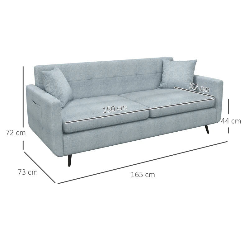 Modern 165cm 3-Seater Sofa for Living Room, Tufted Fabric Couch with Steel Legs and Storage Pockets, Blue
