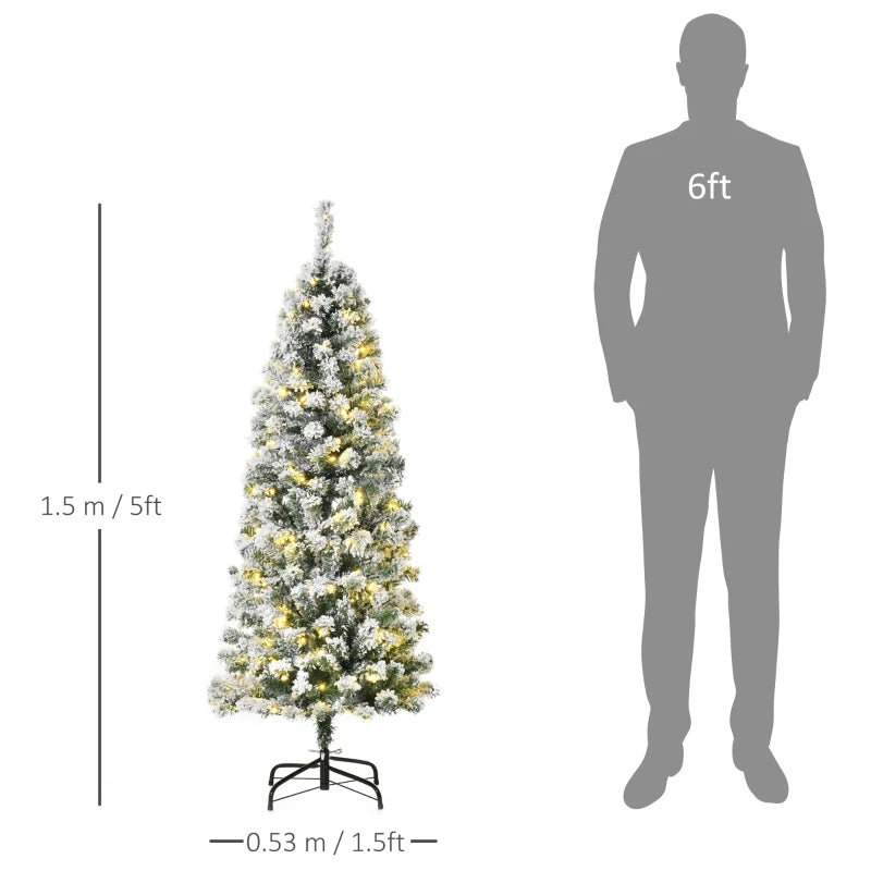 5FT Prelit Snow Flocked Christmas Tree with Warm White LED Lights - Festive Green & White Holiday Home Decoration