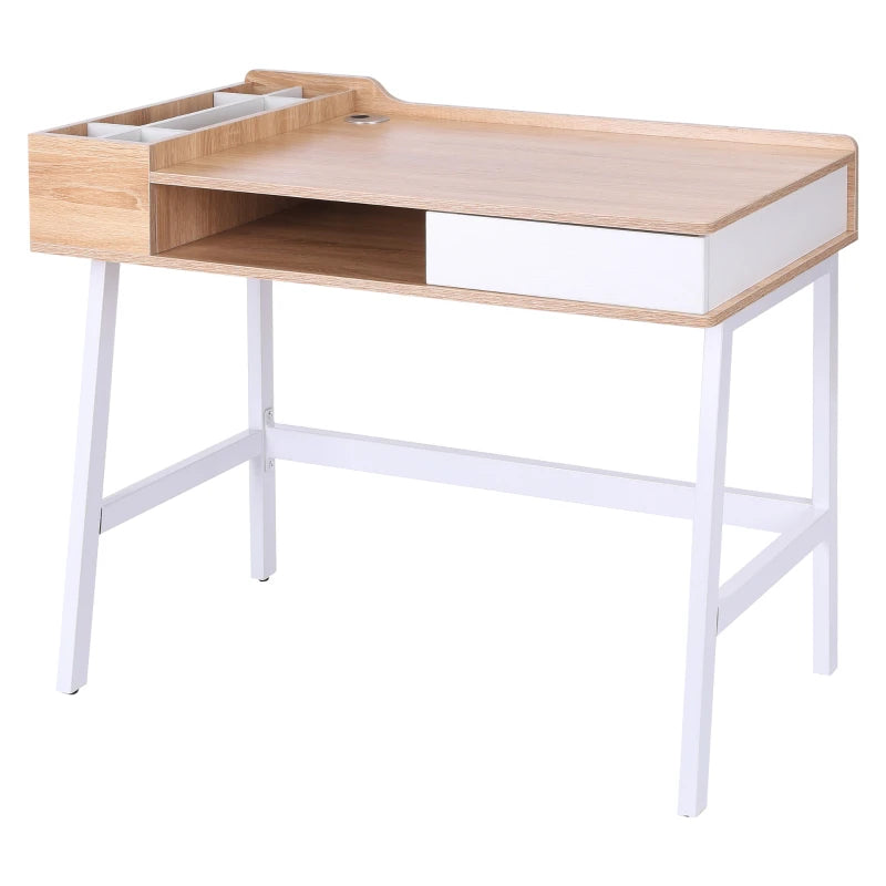 Modern Oak & White Computer Desk with Drawer, Storage, Cable Management - Stylish Writing & Study Workstation, 100x55x81.5cm