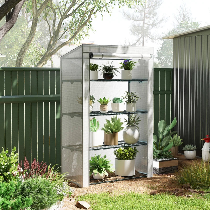 4 Tier Portable Mini Greenhouse - 110 x 50 x 171cm, Grey with Reinforced PE Cover and Roll-Up Door