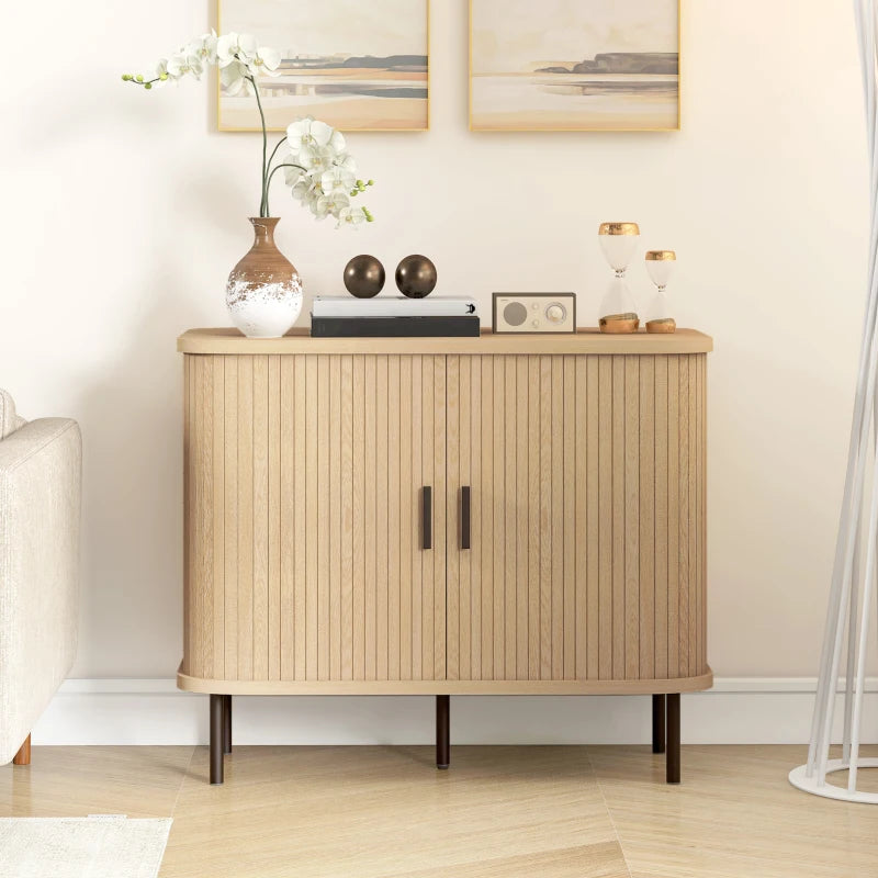 Mid-Century Modern Sideboard Storage Cabinet with Sliding Doors and Steel Legs in Oak Tone