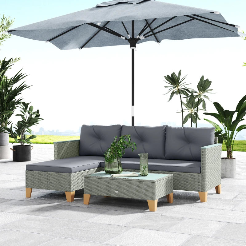 3-Piece Rattan Garden Furniture Set - L-Shaped Chaise Lounge & Coffee Table with Cushions
