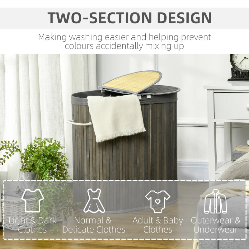 Bamboo Laundry Basket with Lid - 100L Hamper, 2 Sections, Removable Washable Lining, Grey, 62.5x37x60.5cm