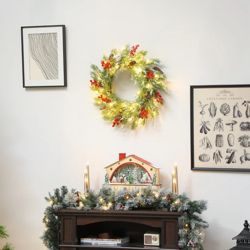 60 cm Prelit Christmas Wreath - Realistic Branches, 30 Warm White LEDs, Timer, Battery Operated Door Decor