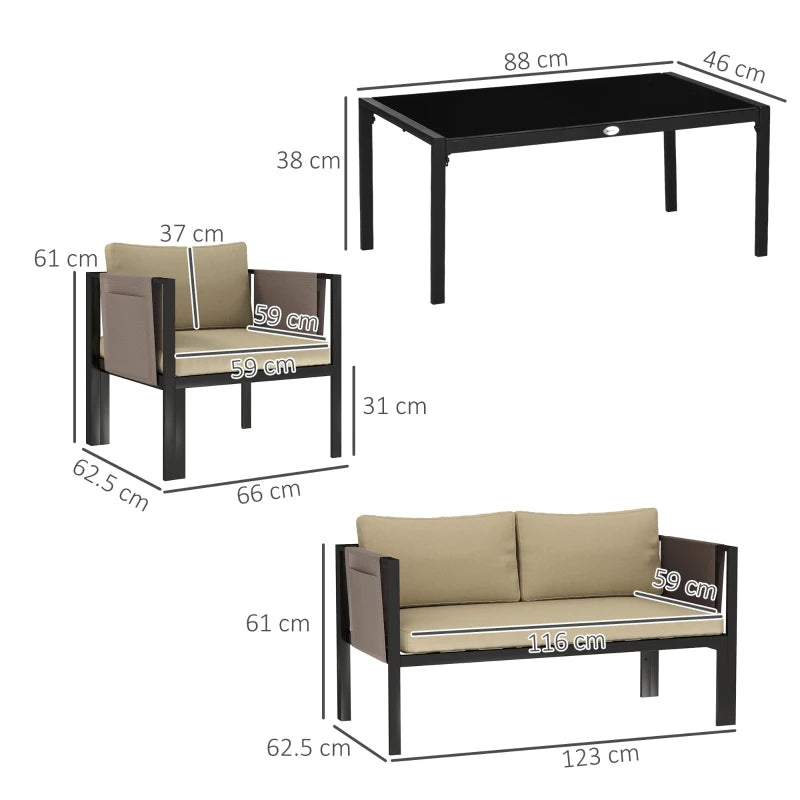 4 Piece Metal Garden Furniture Set with Glass Table and Cushions for Outdoor Relaxation