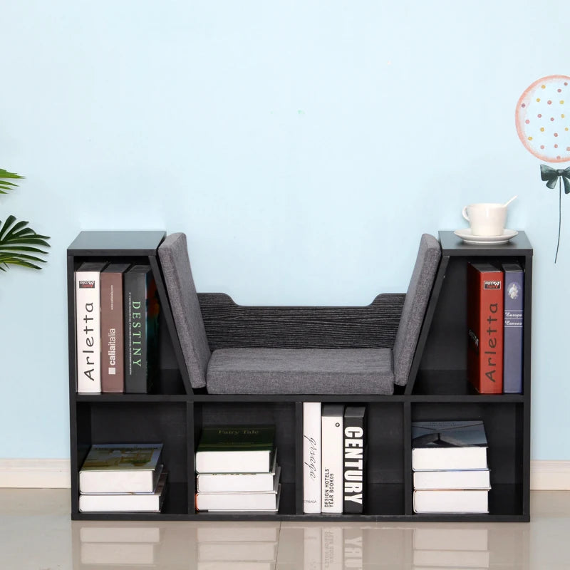 Stylish Black Bookcase Storage Shelf with Cushioned Reading Seat - Cube Bookshelf Organizer for Bedroom & Living Room