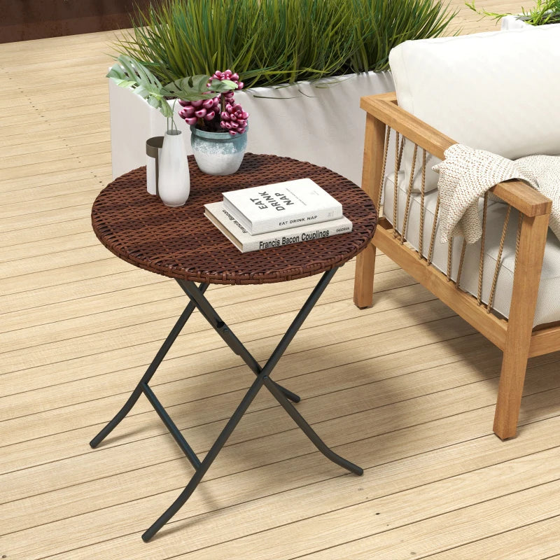 Foldable Rattan Outdoor Coffee Table - Metal Frame, Round Side Table, Mixed Brown