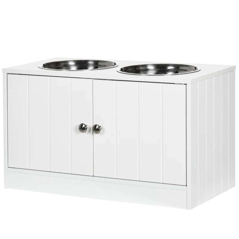 Elevate Your Pet's Dining: Stylish White Raised Feeder with Two Bowls & Convenient Storage