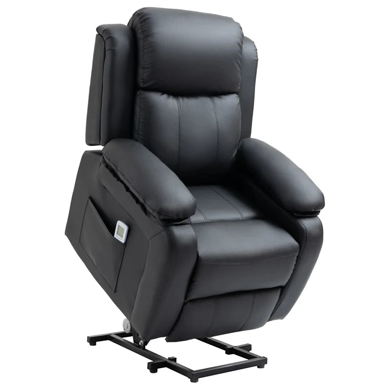 Electric Recliner Chair with Massage Function, Power Lift for Elderly, Remote Control, Extended Footrest, Dual Side Pockets, Overstuffed Design, Black