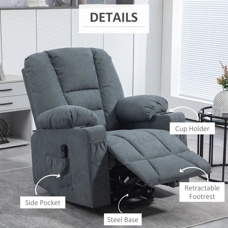 Oversized Riser Recliner Chair for Elderly - Fabric Lift Chair with Remote, Side Pockets, Cup Holder, Grey