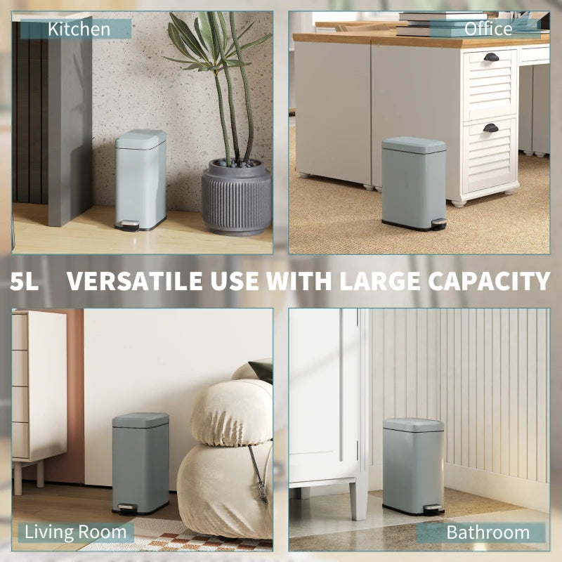 5L Rectangular Compact Steel Trash Can with Removable Bucket & Quiet-Close Lid - Ideal for Home, Office, Bathroom, Grey