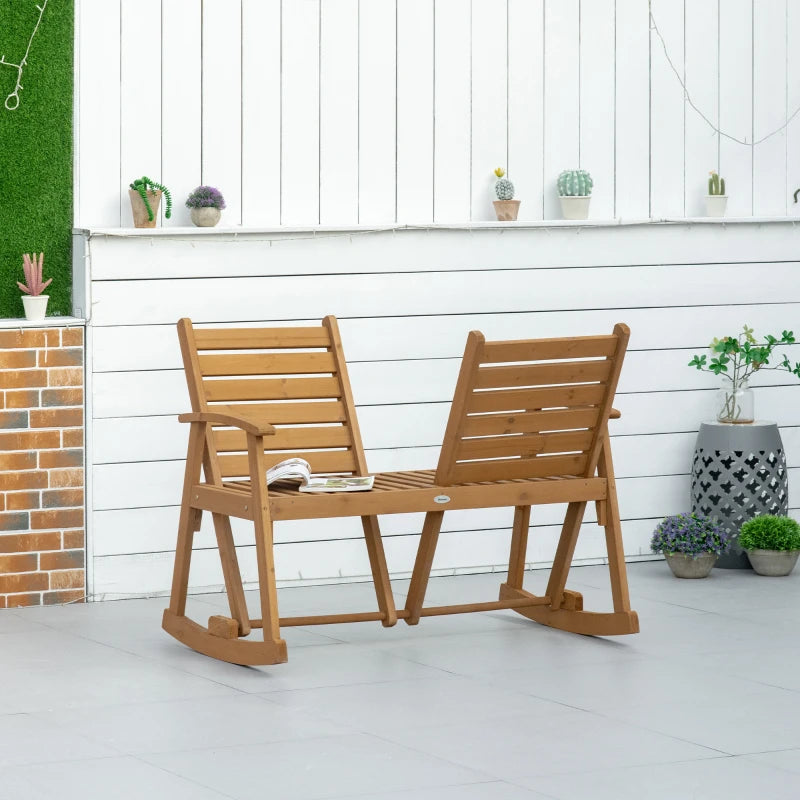 Rustic Wooden Garden Rocking Bench, 2-Seater Loveseat with Adjustable Backrests