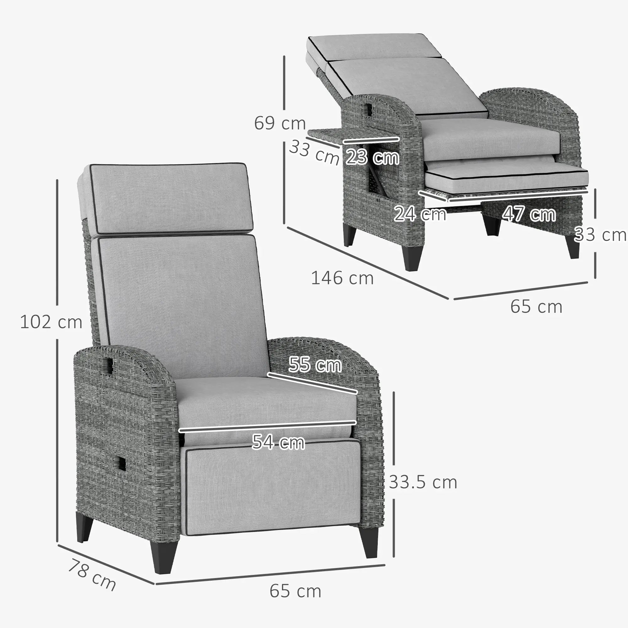 Grey Rattan Recliner Chair with Adjustable Backrest and Footrest, Cushions, Side Tray