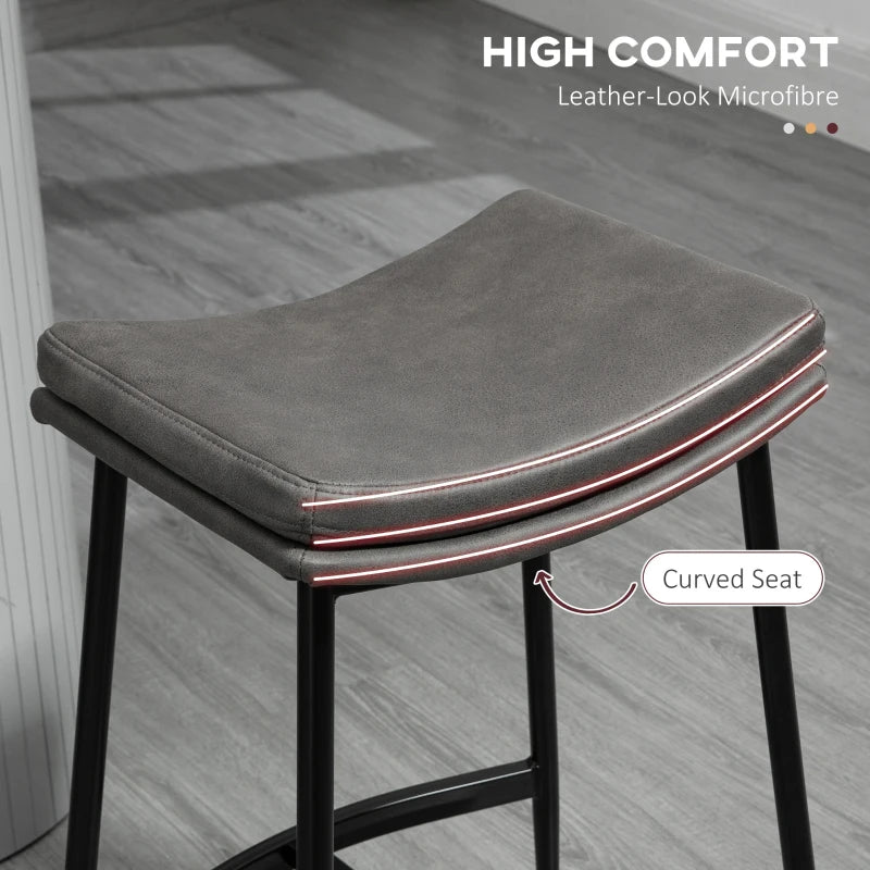 Set of 2 Grey Microfibre Upholstered Bar Stools - Industrial Curved Seat Design with Steel Frame for Kitchen & Dining Room