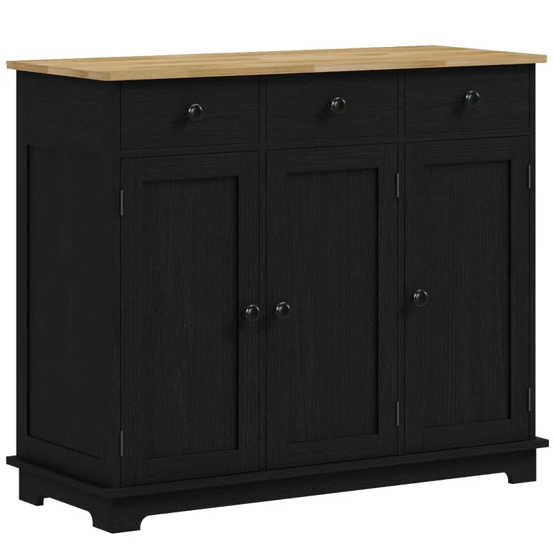 Stylish Black Wood-Effect Sideboard with Rubberwood Top & Adjustable Shelves - Perfect for Dining Room & Kitchen Storage