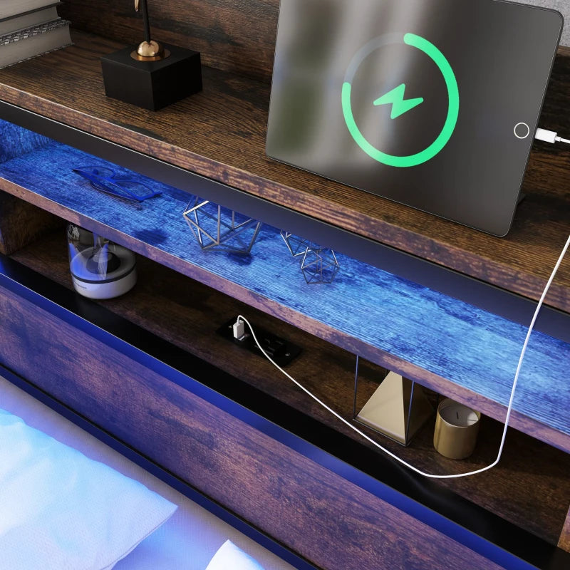 Metal Double Bed with LED Light Strip, USB Ports & 2 Drawers - Sturdy Iron Frame, Black, 207x135.5x83.5 cm