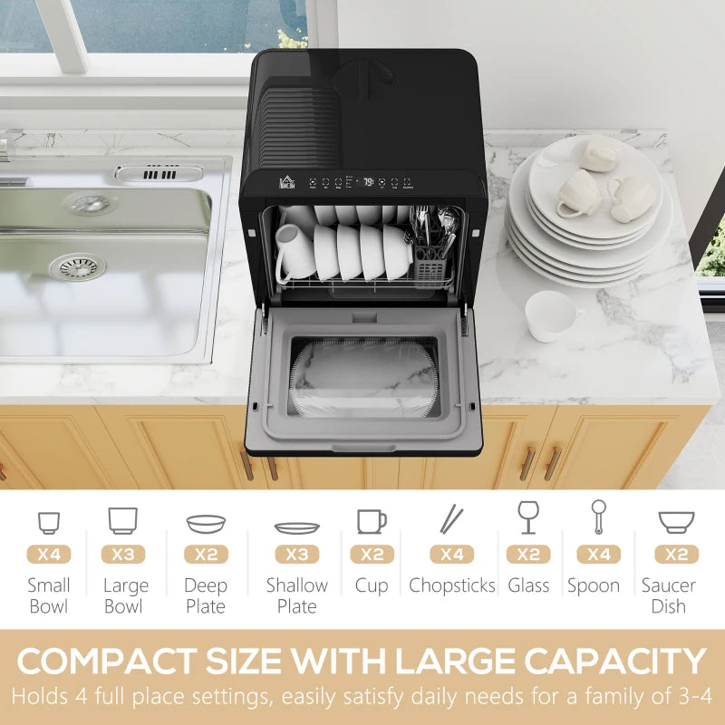 Compact Mini Countertop Dishwasher with 6L Water Tank 6 Programs 4 Place Settings Black