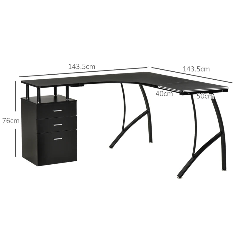 L-Shaped Computer Desk with Storage Drawer - Industrial Corner Workstation for Home Office, 143.5cm, Black