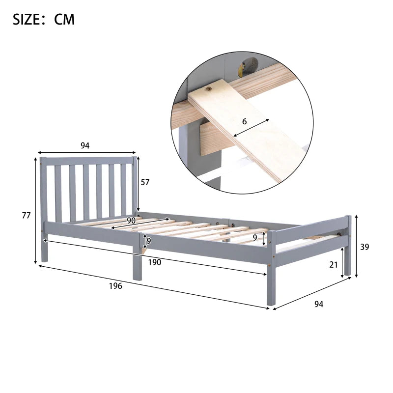 3ft Single Bed Frame with Headboard & Footboard - Easy Assembly Daybed for Teens & Adults - Grey Wood Slat Support 196x94x77 cm