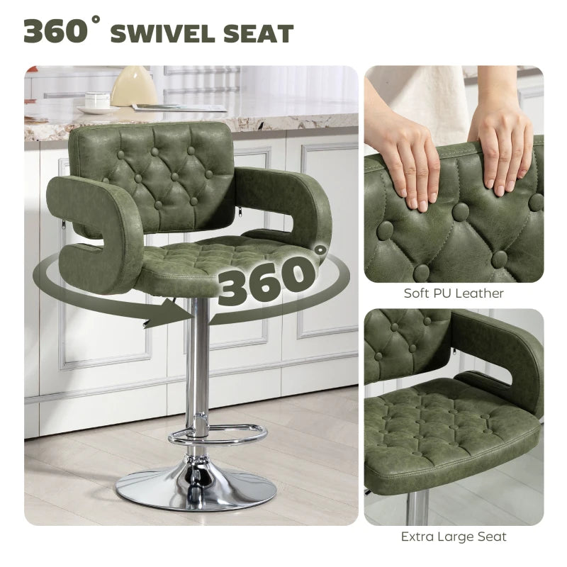 Green PU Leather Swivel Bar Stool - Height Adjustable, Upholstered with Back, Armrest & Footrest for Comfort