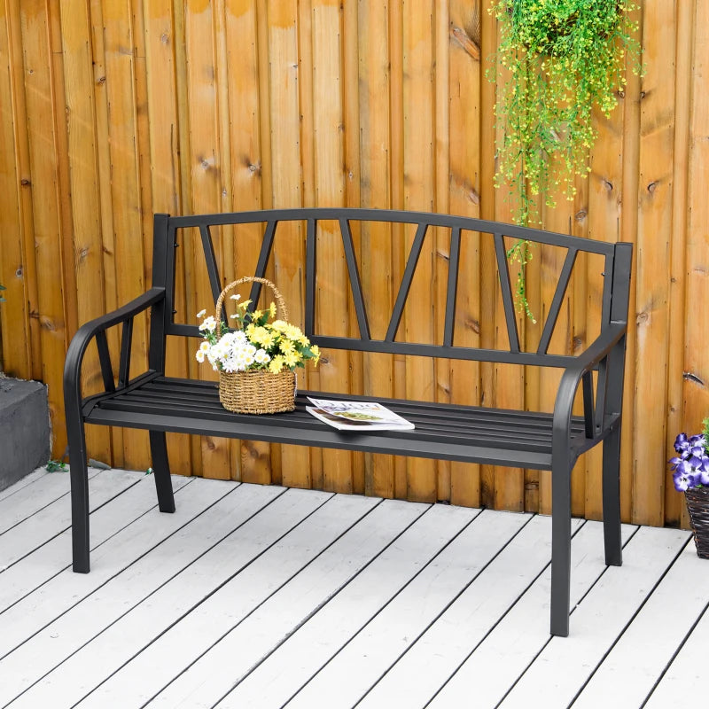 Metal Garden Loveseat Bench - 2-Seater, Decorative Backrest, Ergonomic Armrest - Black