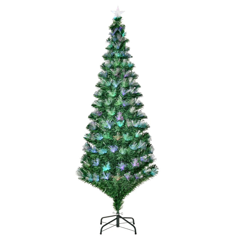 6FT Multicoloured Pre-Lit Artificial Christmas Tree with Fibre Optic Lights, Metal Stand & Star Holder - Festive Home Decoration