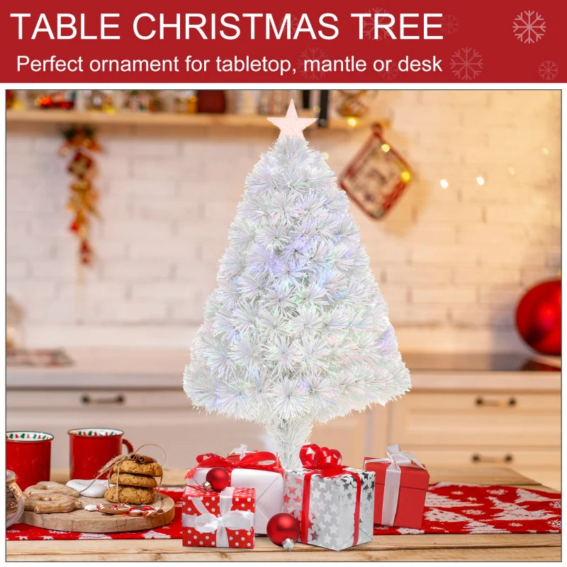 2.5FT Prelit White Artificial Tabletop Christmas Tree with Fiber Optics - Festive Holiday Decoration for Home, Table & Desk