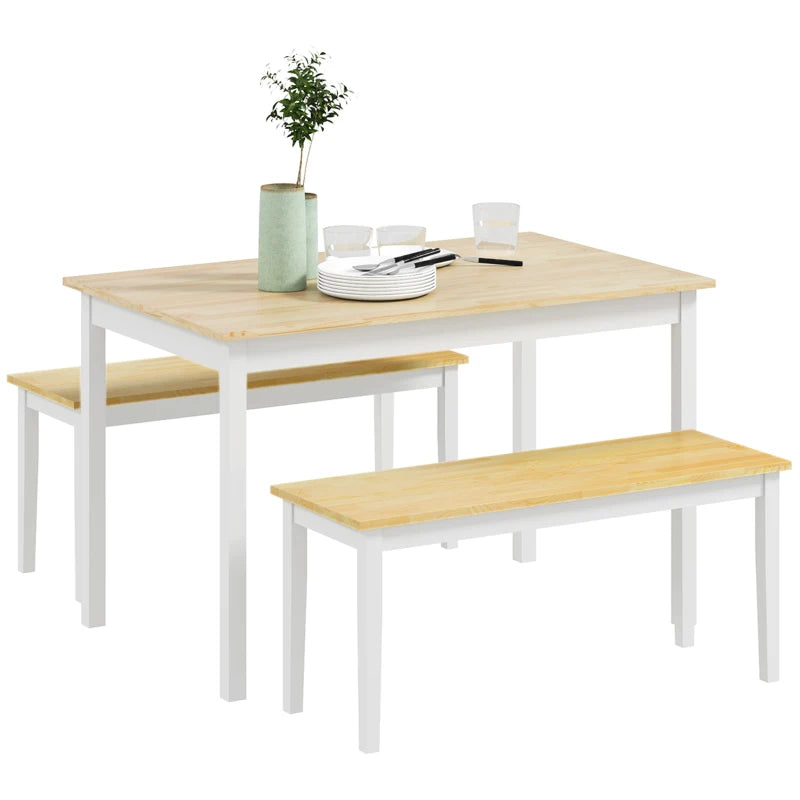 Farmhouse Dining Table and Bench Set - Wooden Frame Kitchen Furniture for Living Room, Natural & White Finish