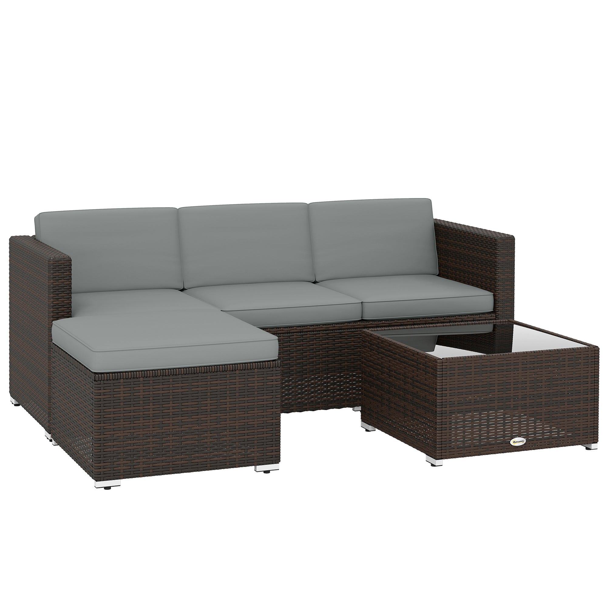 Light Grey 3-Piece Rattan Corner Lounge Set with Cushions – Compact Garden Conversation Sofa Suite