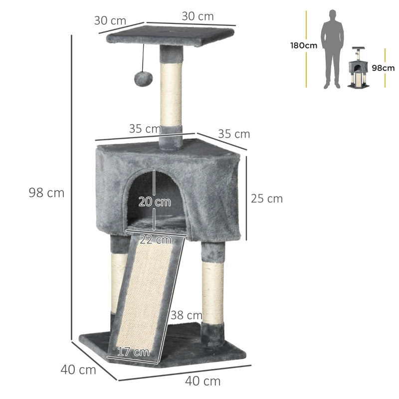 Corner Cat Tree for Indoor Cats - Grey Kitten Tower with Scratching Post, House, Ladder & Toy for Playful Kittens