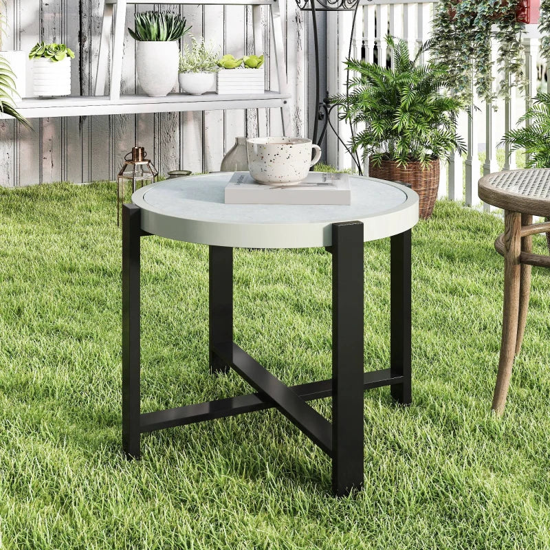 60cm Round Small Garden Table - Outdoor Side Table with Faux Marble Top, Light Grey Aluminium Frame