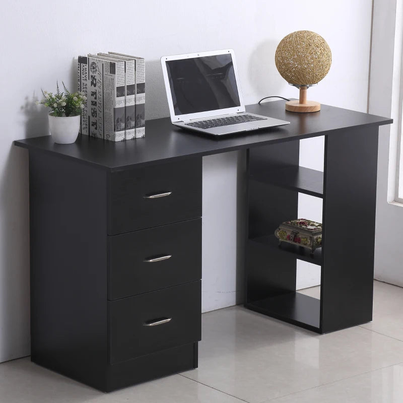 Modern Black Computer Desk with 3 Storage Shelves & Drawers, Stylish Writing Table for Home Office, Silver Handle Workstation