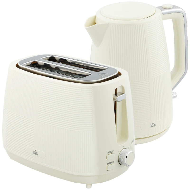 Cream White Kettle and Toaster Set - 1.7L Fast Boil Kettle & 2 Slice Toaster with 7 Browning Levels, Defrost & Reheat