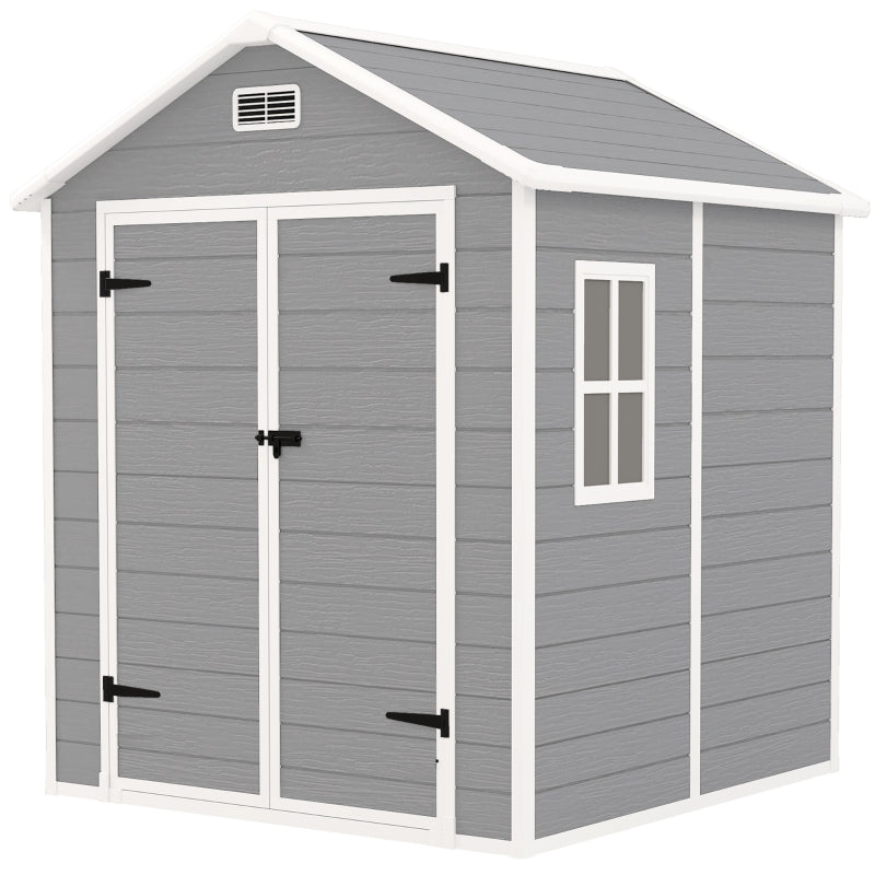 6 x 5ft Dark Grey Plastic Garden Shed with Floor, Window, Lockable Doors and Vents - Wood Effect Resin Tool Storage for Outdoor Patio