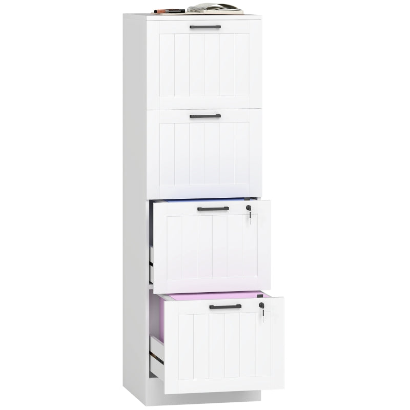Secure 4 Drawer Filing Cabinet with Lock - Adjustable Hanging Bars for A4 Files - Stylish White Office Storage Solution