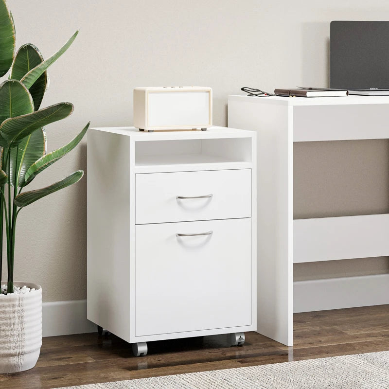 60cm Mobile Filing Cabinet with Drawer & Open Shelf, 4 Wheels, Metal Handles - White Office Home Organizer for Printers
