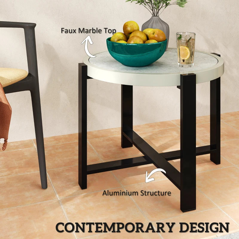 60cm Round Small Garden Table - Outdoor Side Table with Faux Marble Top, Light Grey Aluminium Frame