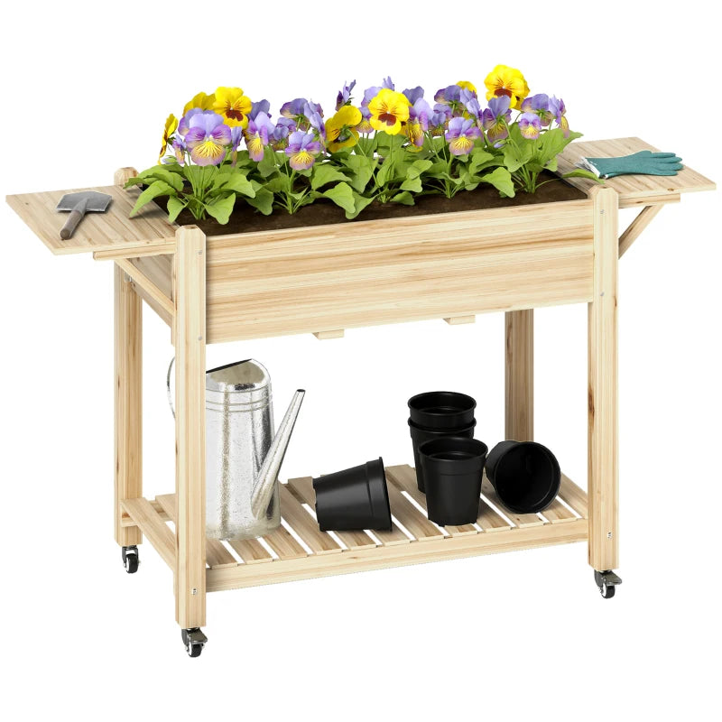 Wooden Elevated Planter Box with Lockable Wheels, Side Tables, and Bottom Shelf - 48" Natural Outdoor Garden Bed for Vegetables, Flowers, and Fruits