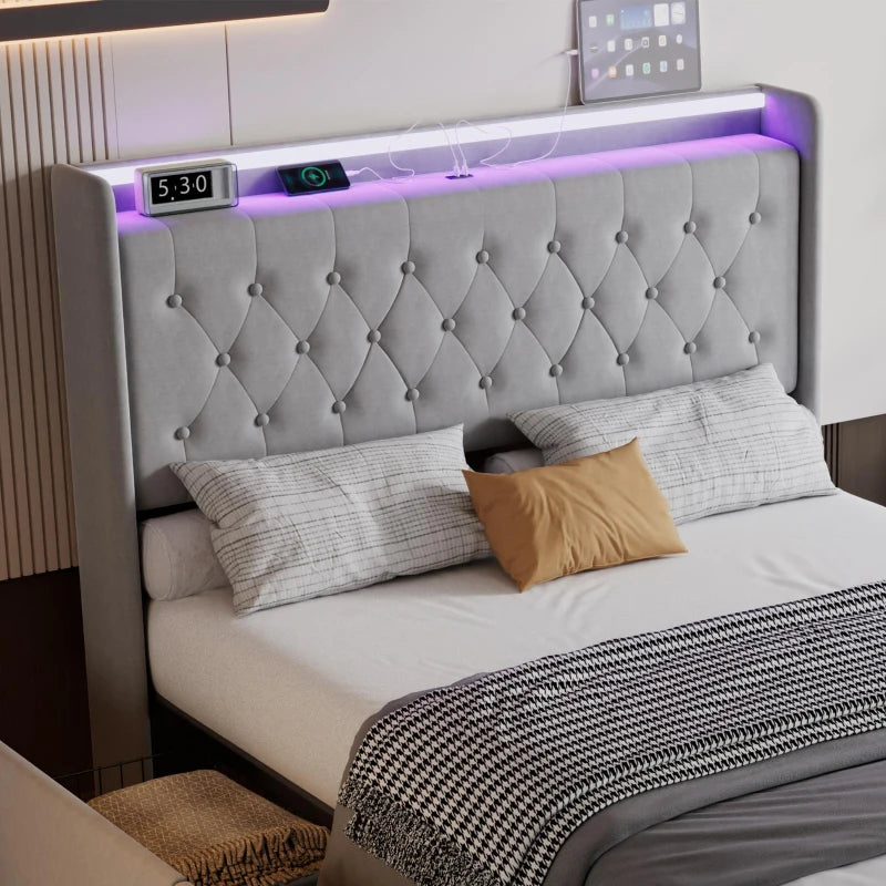 4ft6 Upholstered Double Bed with Velvet Headboard, 4 Storage Drawers, LED Lights & Charging Socket - Grey, 206L x 143W x 115H cm