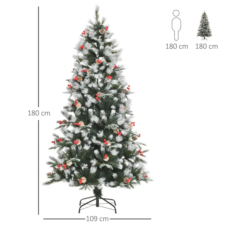 6FT Snow Dipped Christmas Pencil Tree with Red Berries & Pinecones - Foldable Holiday Decoration for Home Parties