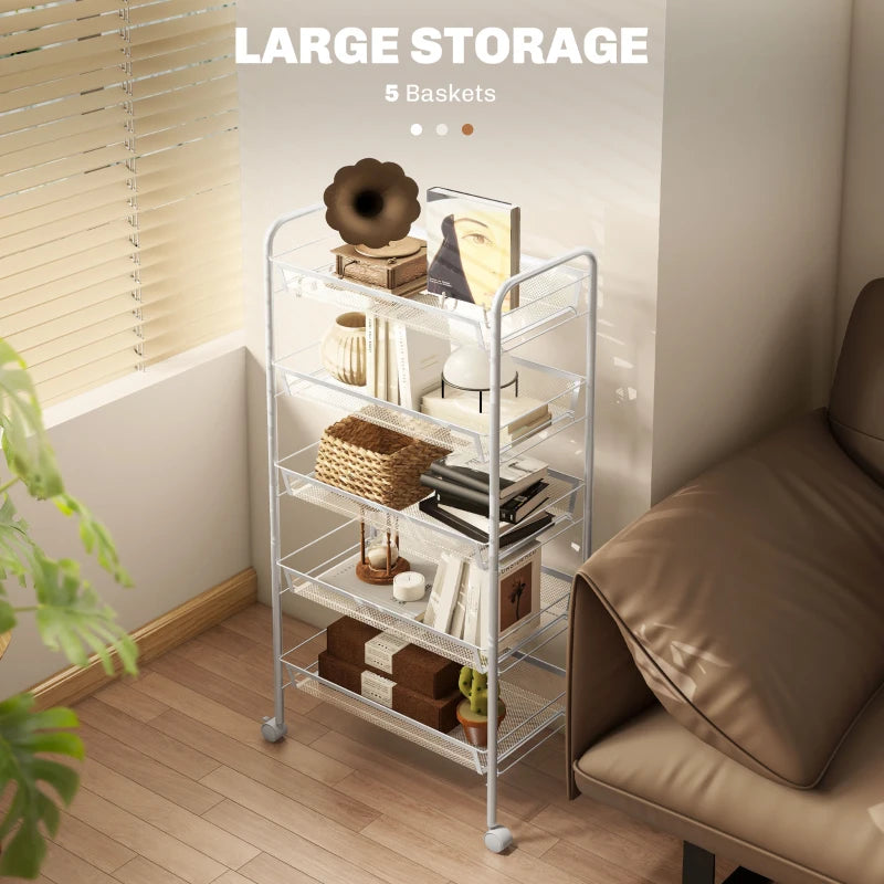 Five-Steel Mesh Storage Trolley with Wheels - Versatile White Basket Organizer for Home, Office, and Kitchen