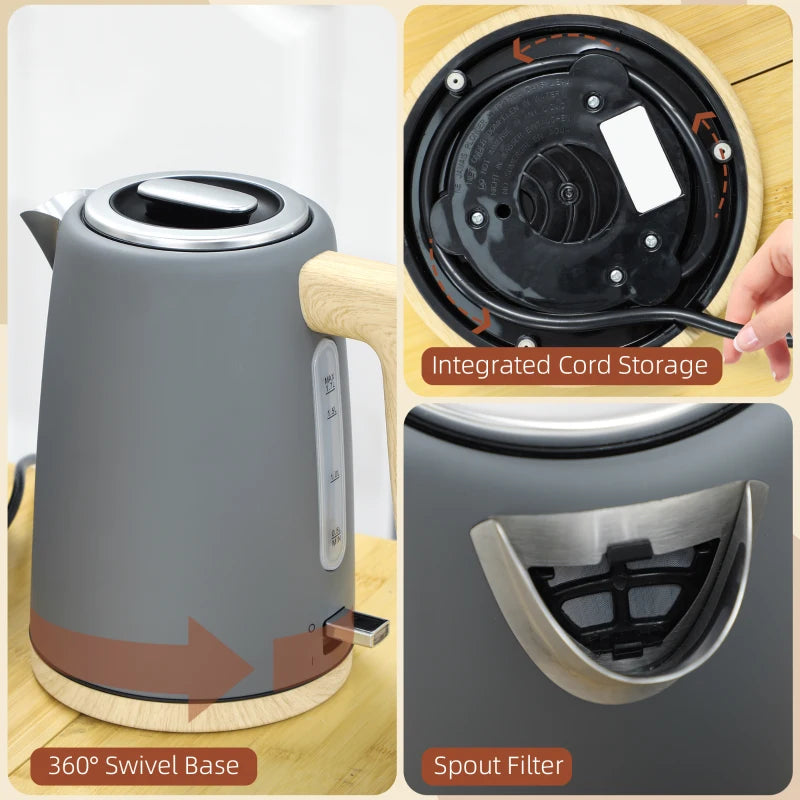 Stainless Steel Kettle & Toaster Set - 1.7L Fast Boil Kettle 3000W & 2 Slice Toaster with 7 Browning Levels, Grey