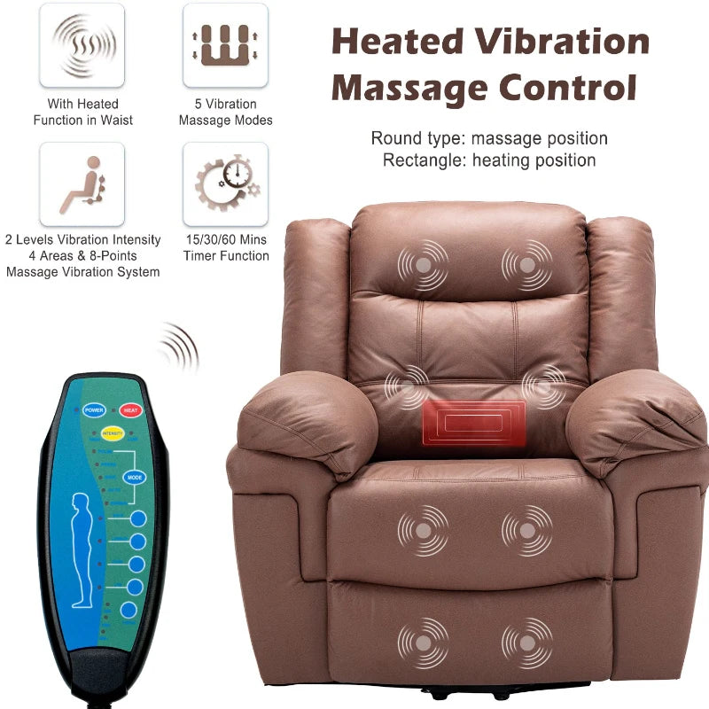 Power Lift Recliner Chair with Heating and Massage for Elderly, Soft Upholstery, Sturdy Frame, Brown, 99x83x106 cm