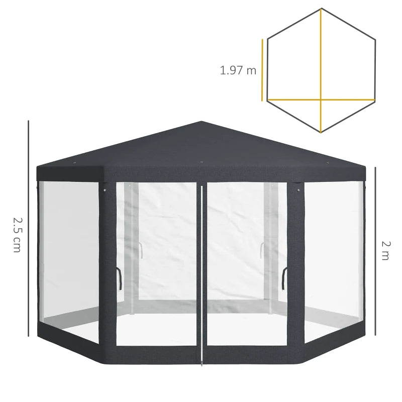 4M Dark Grey Hexagon Gazebo with Netting - Outdoor Party Tent Canopy for Events and Activities, Shade Resistant
