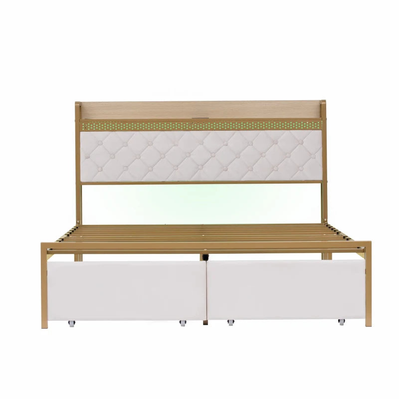 Modern Double Bed Frame with Storage Drawers & RGB LED Headboard - Beige & Chrome, 207L x 138W x 100H cm