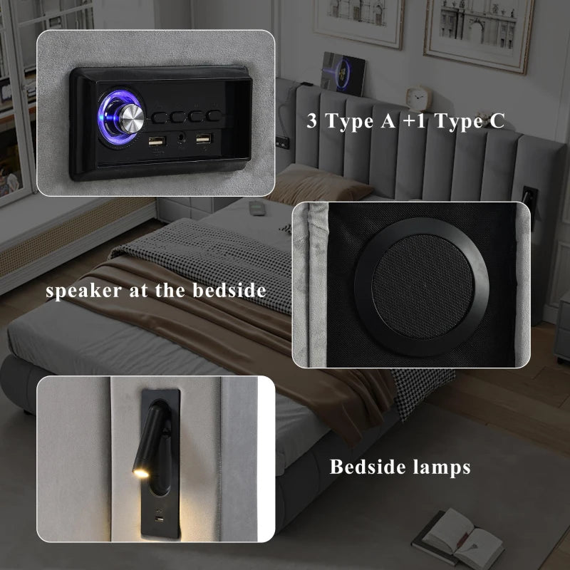 Stylish King Size Upholstered Bed with Stereo and USB Charging Ports Velvet Iron Frame Grey