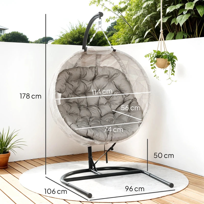 Hanging Egg Chair - Outdoor Indoor Garden Swing Chair with Folding Basket, Thickened Cushion, Cup Holder - Sand Brown - Perfect for Patio and Balcony