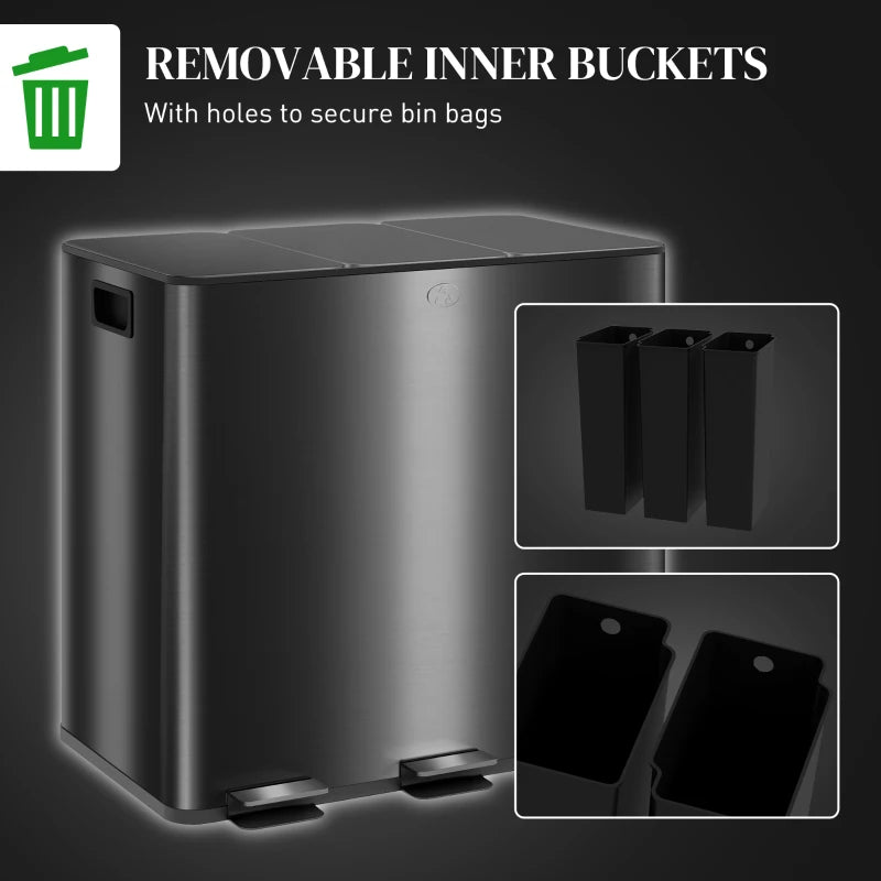 3 x 15L Steel Pedal Bin Set - Triple Kitchen Trash Can with Soft Close Lid, Removable Buckets, Fingerprint-Proof, Black
