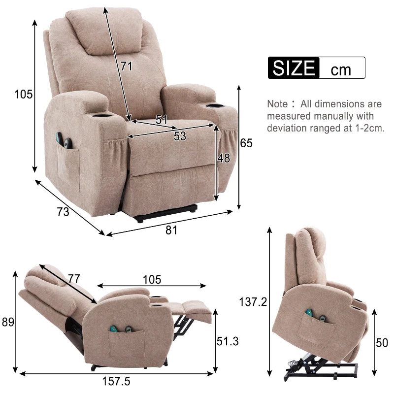 Electric Recliner Chair with Remote Control, Massage and Heating Features, Cup Holders and Side Pockets, Ideal for Seniors, Light Brown