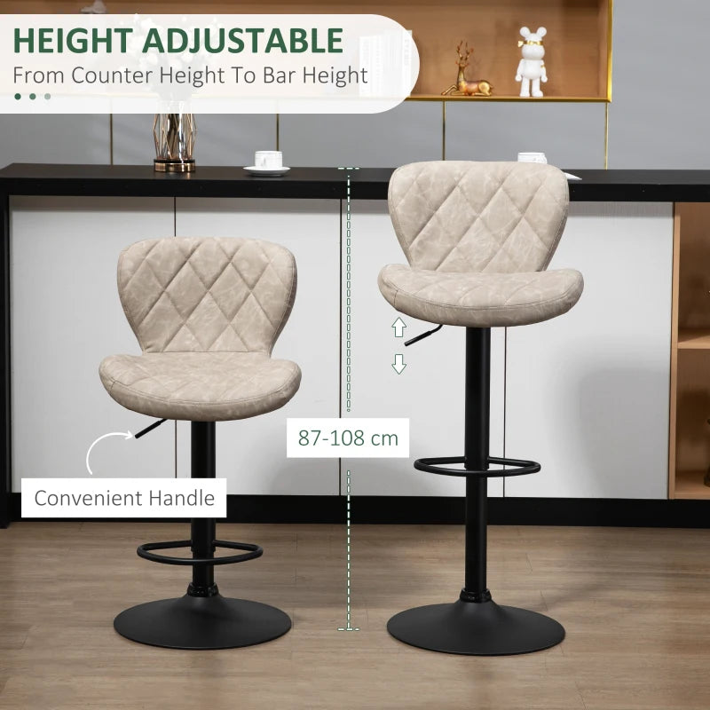 Set of 2 Swivel Bar Stools with Backrest & Footrest - Light Khaki PU, Steel Frame, Diamond Pattern for Kitchen & Dining